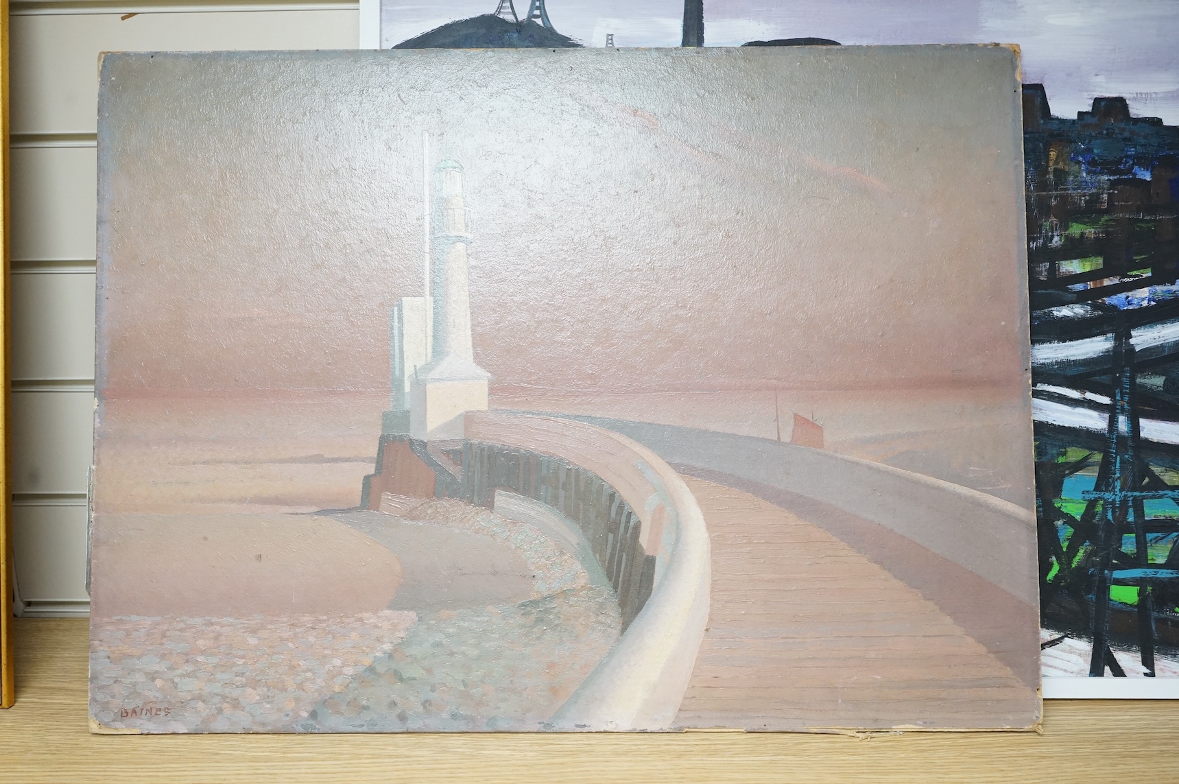 Ted Dummett, Countryside 1969, signed oil on board together with F H Baines, 'Altrincham Scheme', oil on board, unframed, largest 60 x 75cm